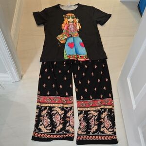 Hippie Black And Pink Palazzo Pants And Hippie Girl Tee Shirt, 60's Retro  PEACE